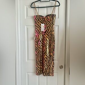 Nadine Merabi NWT Rochelle tiger sequin gold black pink pencil dress size 4